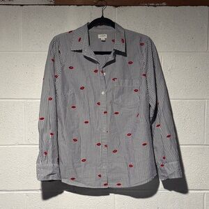 J. Crew Navy & White Striped Button-Down with Red Lip Motif